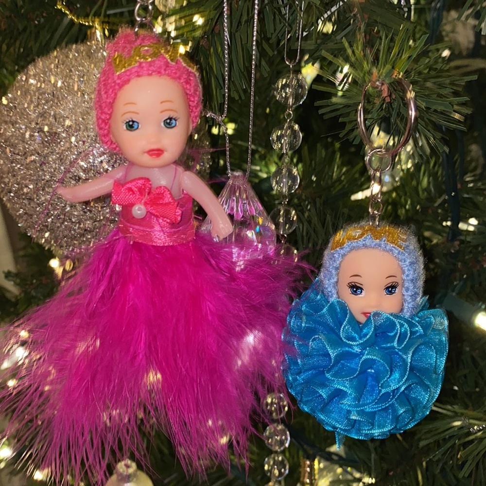 2 baby doll Christmas tree ornaments or keychains pink feather blue ribbon ball‌ - Picture 3 of 16